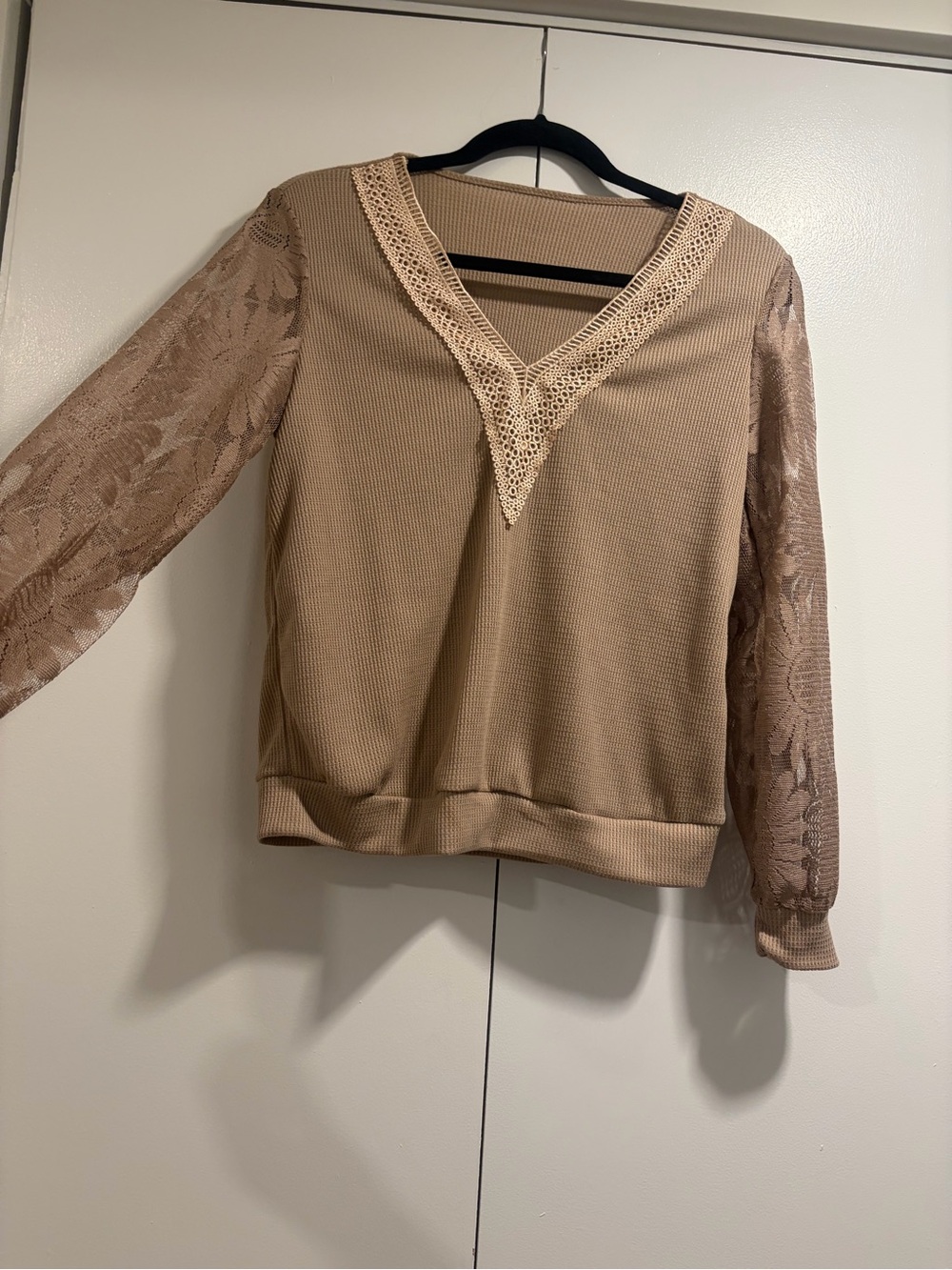 Beige Crochet Sleeve V-Neck Top